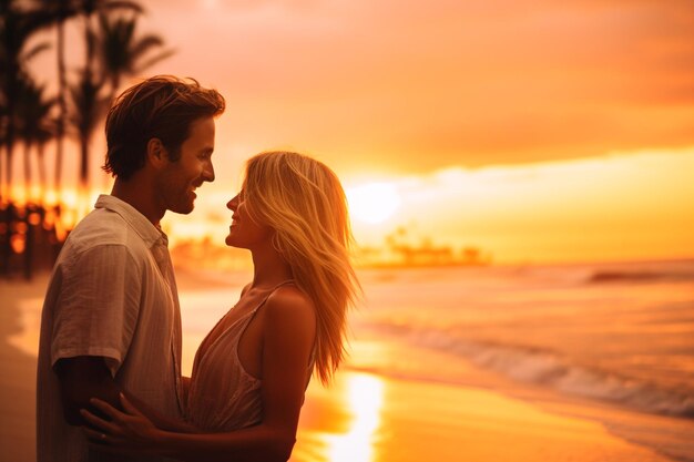 Casal na praia ao pôr do sol