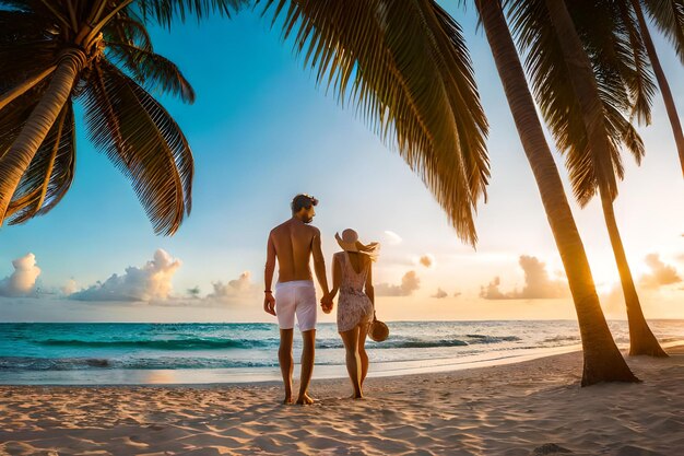 casal na praia com palmeiras ao fundo