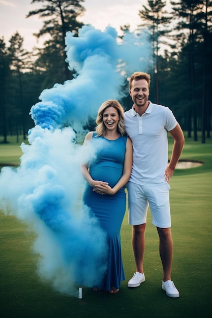 casal no campo de golfe com fumaça azul