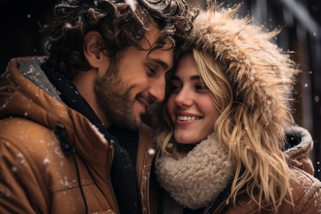 Casal no inverno A magia de passar tempo juntos quando está frio e neve ao seu redor aquecem um ao outro com seu amor e criam memórias inesquecíveis no inverno