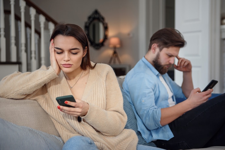 Foto casal no sofá depois de uma discussão em casa na sala de estar
