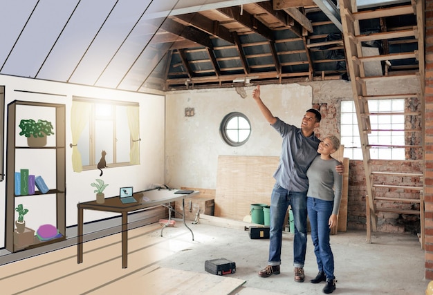 Foto casal nova casa e reforma com ilustração de design de interiores conversando sobre planejamento futuro e sonhando em reformar a sala de estar homem e mulher se movendo e pensando na visão e ideia para a primeira casa