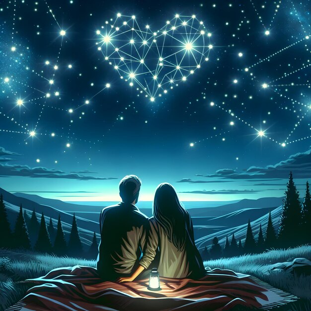 Foto casal observando as estrelas sob a constelação do coração de são valentim