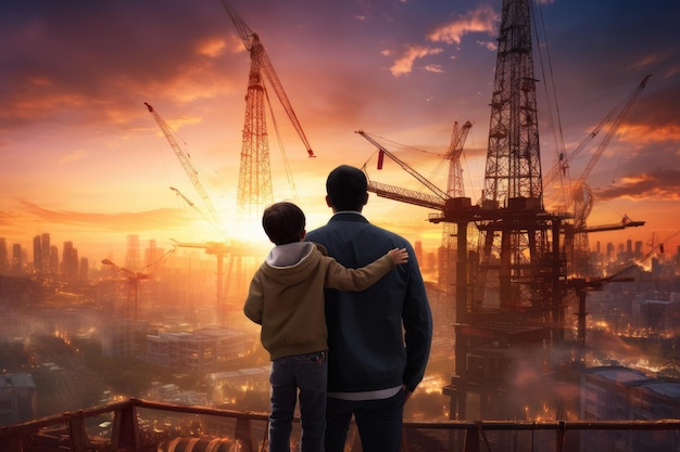 Casal olhando para o canteiro de obras ao pôr do sol vista traseira de um homem e uma mulher olhando para o canteiro de obras Menino asiático nos ombros do pai silhueta guindastes de construção do pôr do sol da noite AI gerado