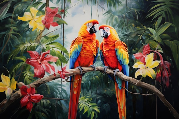 Casal Parrot Pintura Feito à Mão