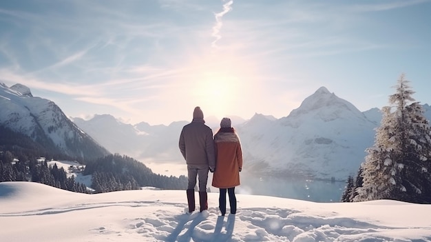 casal passando férias de inverno juntos na montanha com sol brilhante