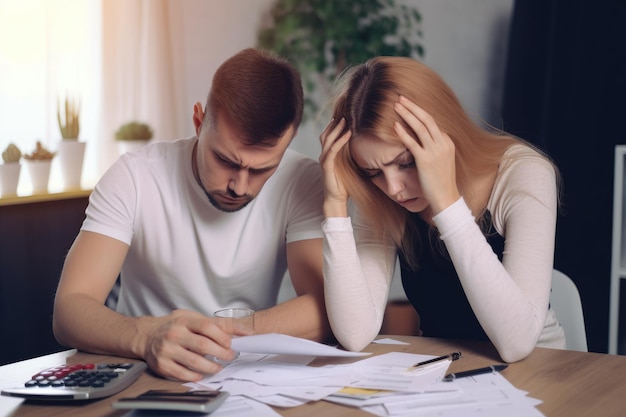 Foto casal passando por estresse financeiro sentado em uma mesa com uma calculadora e papéis espalhados