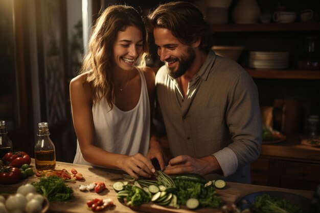 Foto casal prepara comida em uma cozinha