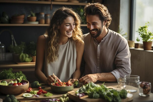 Foto casal prepara comida em uma cozinha