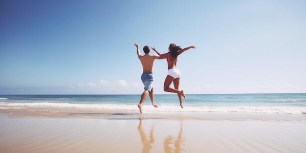 Casal pulando na praia em frente ao mar