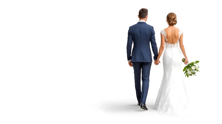 Casal recém-casado caminhando de mãos dadas pelo caminho sereno do jardim no dia do casamento
