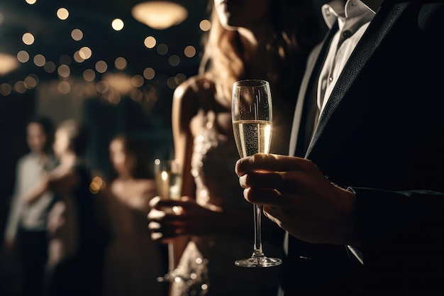 Foto casal recém-casado segurando taças de champanhe no fundo da ia geradora de festas