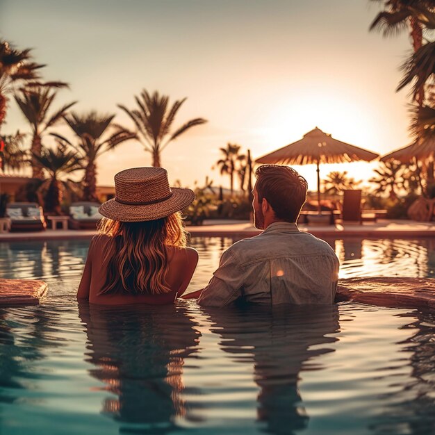 Casal relaxando em uma piscina ao pôr do sol.