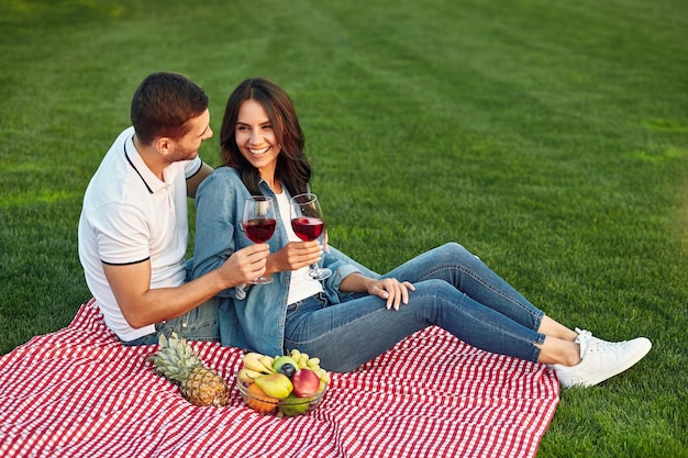 Casal rindo segurando taças de vinho no piquenique no parque
