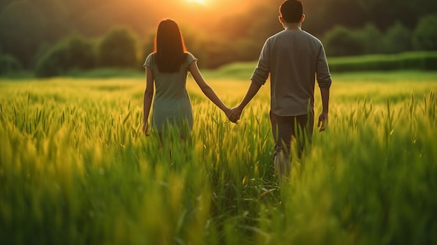 Casal romântico abraçando em um campo verde exuberante ao pôr do sol cativante foco generativo Ai