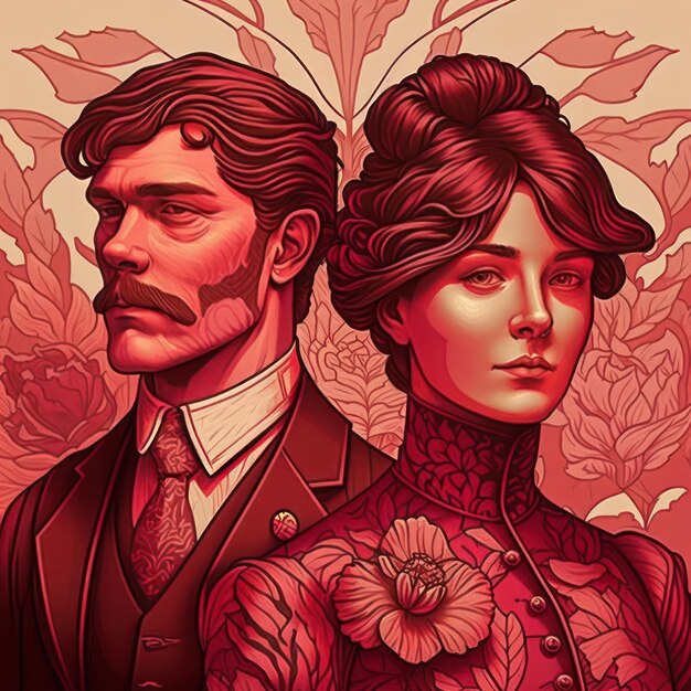 Casal romântico Art Nouveau em rosa e vermelho