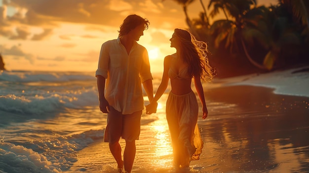 Casal romântico caminha em uma praia ao pôr do sol de mãos dadas e apreciando a vista do cenário tropical idílico AI