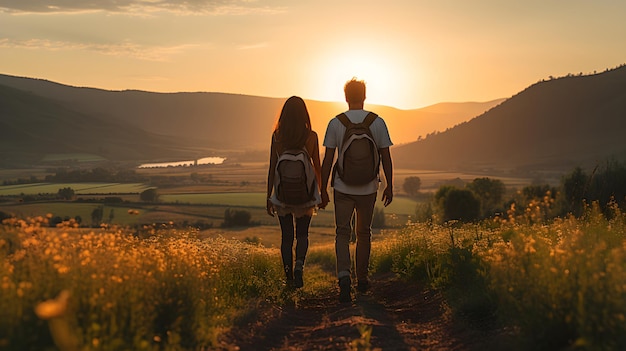 Casal romântico caminhando nas montanhas europeias ao pôr do sol Foto espontânea em close