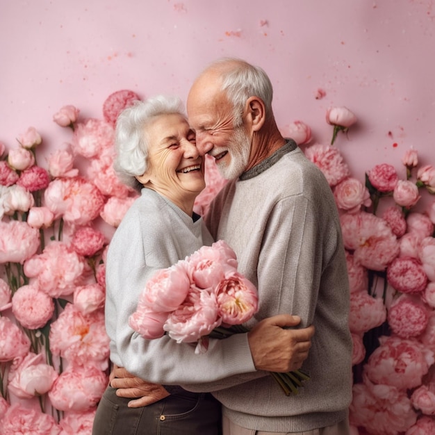 Casal romântico de avós em um fundo rosa