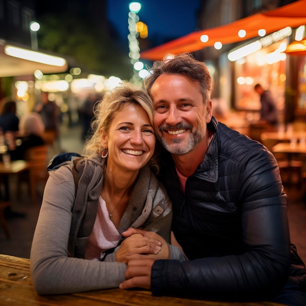 Casal romântico de namoro à noite sorrindo e rindo juntos divertindo-se Amor e relacionamento adultos desfrutando da vida noturna Turista de férias Atividade de lazer ao ar livre