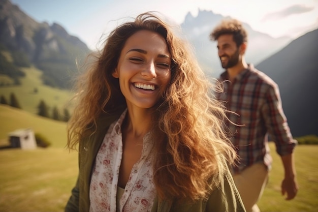 Casal romântico desfrutando de uma caminhada nas colinas