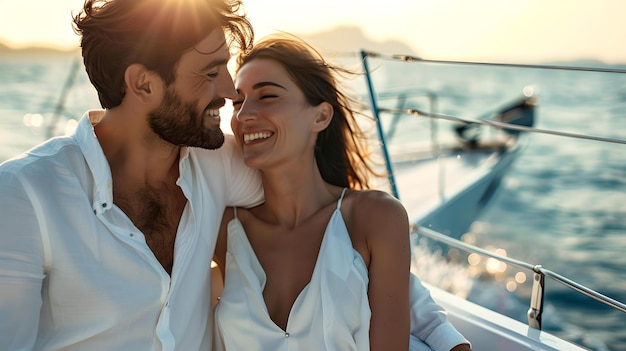 Casal romântico desfrutando do pôr-do-sol em um veleiro sorridente homem e mulher em roupas casuais estilo de vida de lazer e amor conceito de veleiro cruzeiro aventura fundo de mar sereno AI