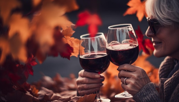 Foto casal romântico gosta de piquenique de outono com vinho tinto e calor gerado pela ia