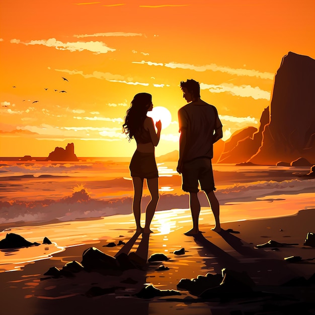 Casal romântico na praia ao pôr-do-sol Equipamento de videogame futurista clube noturno gerar IA