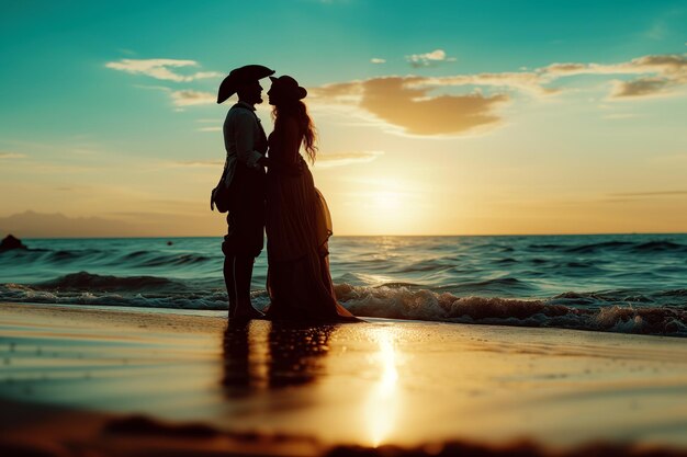 Foto casal romântico na praia cativado um pelo outro como piratas