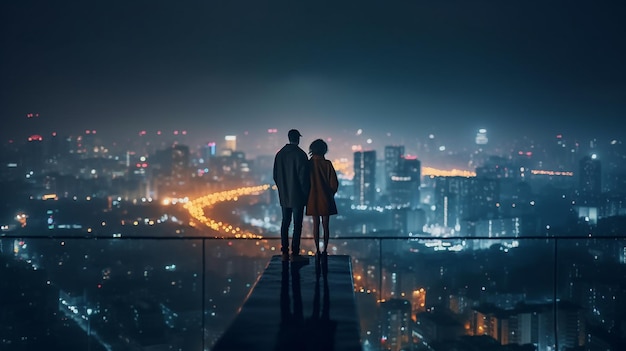 Casal romântico no telhado de um arranha-céu olhando para a visão noturna de uma grande cidade Generative AI