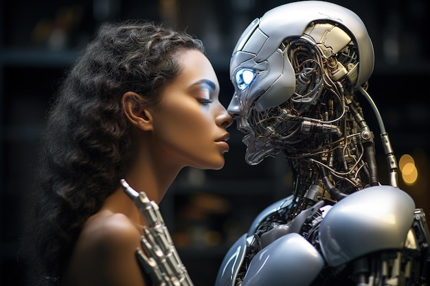 Casal romântico, robô e homem Máquina de amor e homem IA generativa