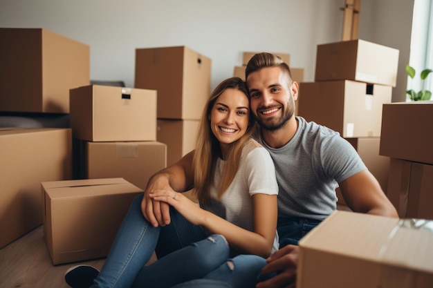 Casal se abraçando e sorrindo se mudando para uma nova casa com muitas caixas