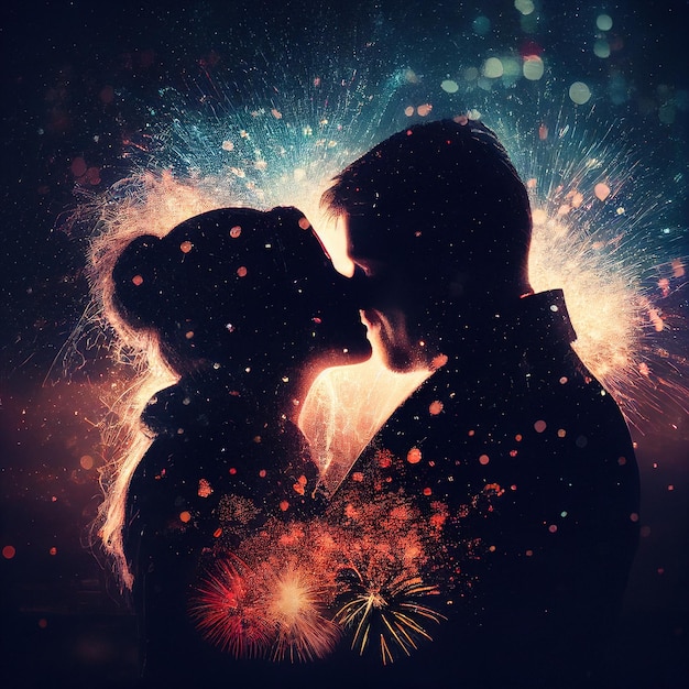 Casal se beijando nos fogos de artifício da véspera do dia de veentines