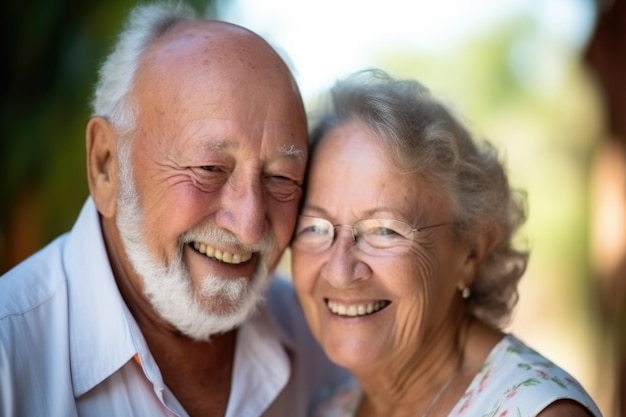 Casal sênior ama e sorri em retrato para cuidados de aposentadoria e saúde criados com IA generativa