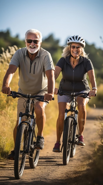 Casal sênior andando de bicicleta juntos em uma rota panorâmica