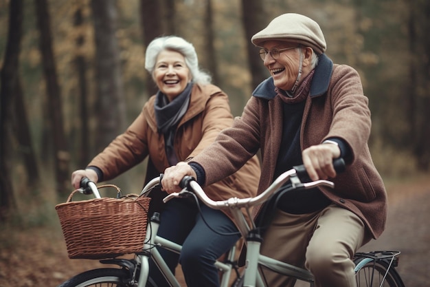 Casal sênior andando de bicicleta na floresta