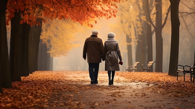 Casal sênior andando em um parque no outono vista traseira