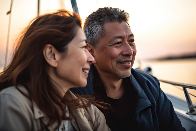 Casal sênior apaixonado no iate ao pôr do sol AI Generative