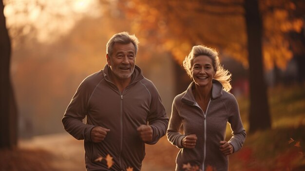 Casal sênior ativo e alegre correndo no parque Exercício juntos para parar de envelhecer