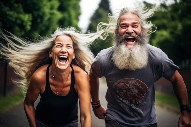 Casal sênior ativo rindo em parque público juntos se divertindo estilo de vida