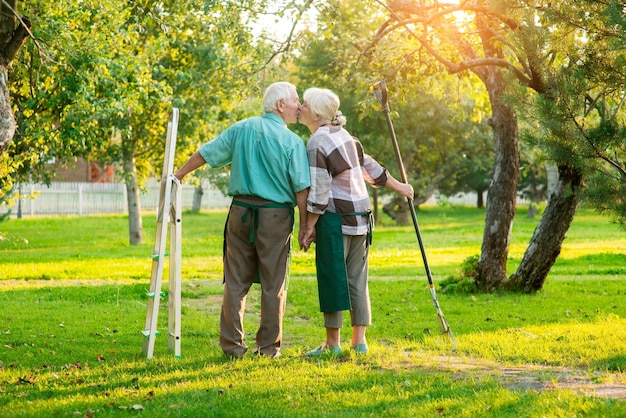 Casal sênior beijando jardineiros de verão segurando ancinho e escada, amor e trabalho