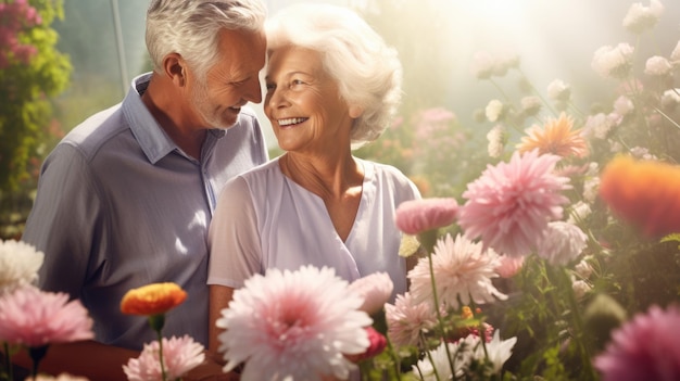 Casal sênior bonito no jardim de flores Planeje seguro de vida do conceito de aposentadoria feliz