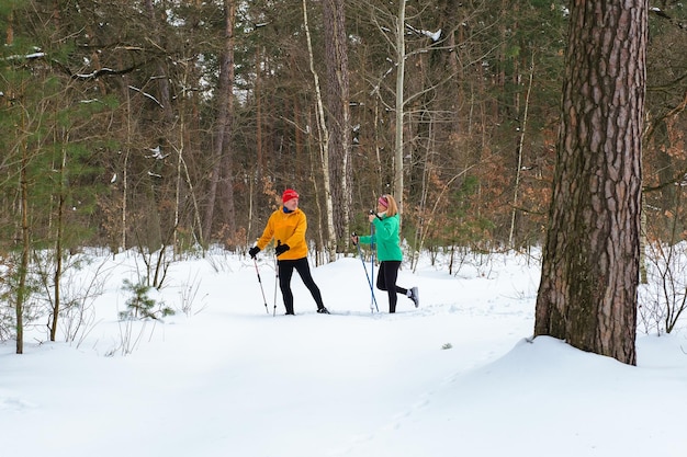 Casal sênior caminhando com bastões de caminhada nórdica em uma floresta de inverno nevada