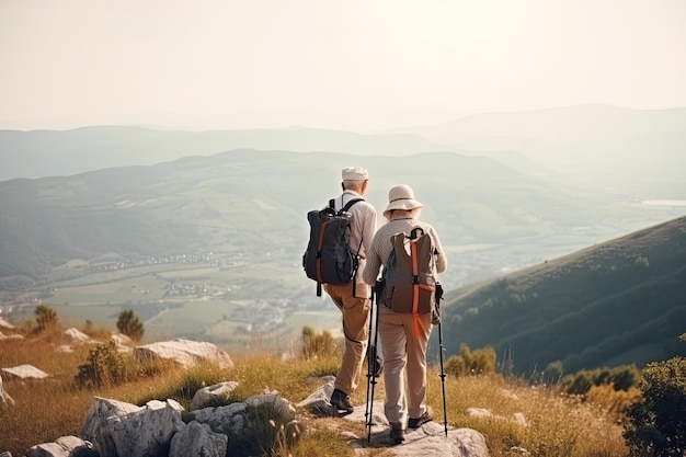 Casal sênior caminhando nas montanhas Estilo de vida ativo na velhice Criado com Generative AI