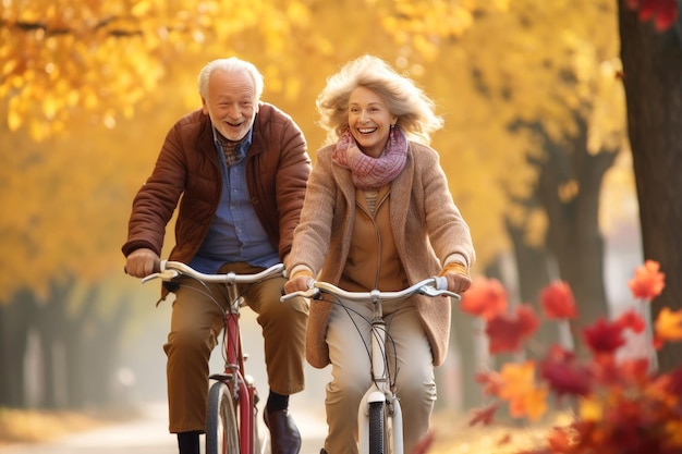 Casal sênior com cabelos brancos andando de bicicleta em um parque no outono