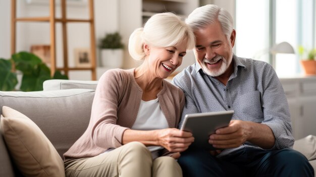 Casal sênior com tablet relaxando em casa Criado com tecnologia Generative AI