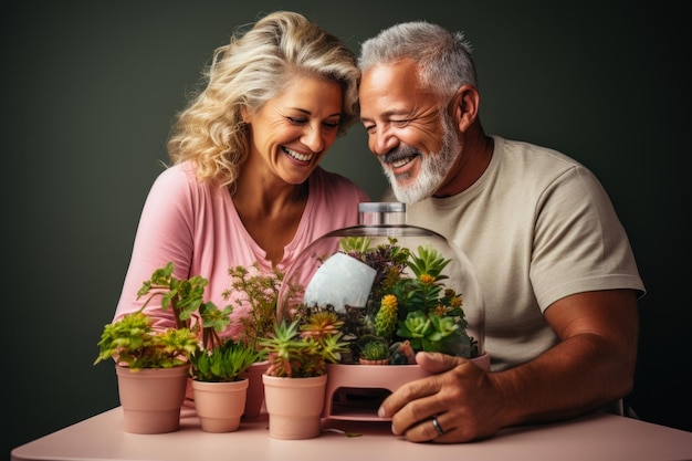 Casal sênior cuidando de plantas hidropônicas internas isoladas em um fundo gradiente