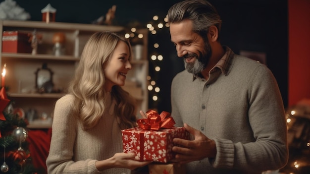 Casal sênior feliz da IA generativa abraçando e trocando presentes de Natal durante a festa