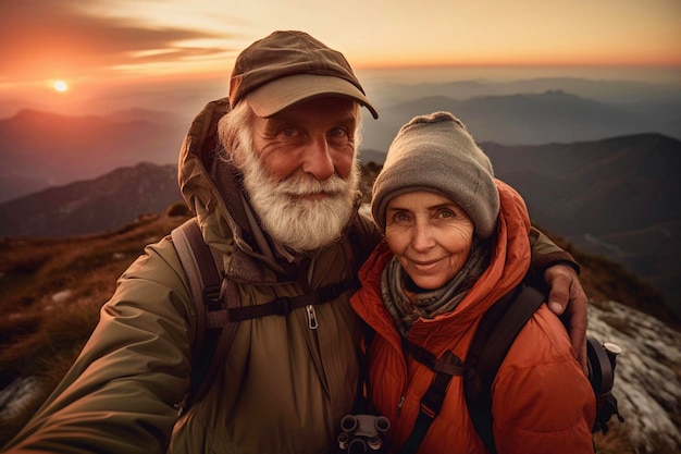 Casal sênior feliz tirando selfie no topo da montanha ao pôr do sol IA generativa