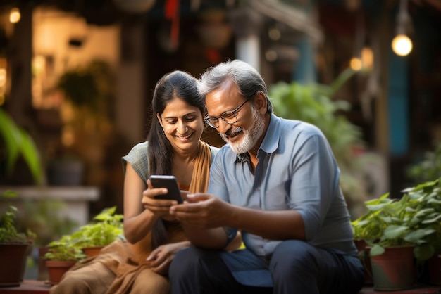 Casal sênior indiano se divertindo enquanto usam tablet ou smartphone juntos
